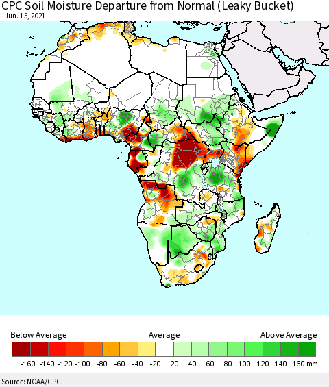 Africa CPC Soil Moisture Departure from Normal (Leaky Bucket) Thematic Map For 6/11/2021 - 6/15/2021