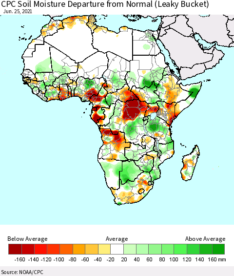 Africa CPC Calculated Soil Moisture Anomaly (Leaky Bucket) Thematic Map For 6/21/2021 - 6/25/2021
