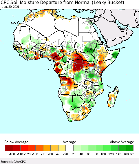 Africa CPC Calculated Soil Moisture Anomaly (Leaky Bucket) Thematic Map For 6/26/2021 - 6/30/2021