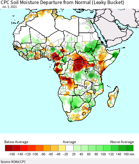 Africa CPC Calculated Soil Moisture Anomaly (Leaky Bucket) Thematic Map For 7/1/2021 - 7/5/2021