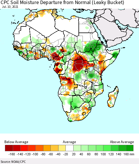 Africa CPC Calculated Soil Moisture Anomaly (Leaky Bucket) Thematic Map For 7/6/2021 - 7/10/2021