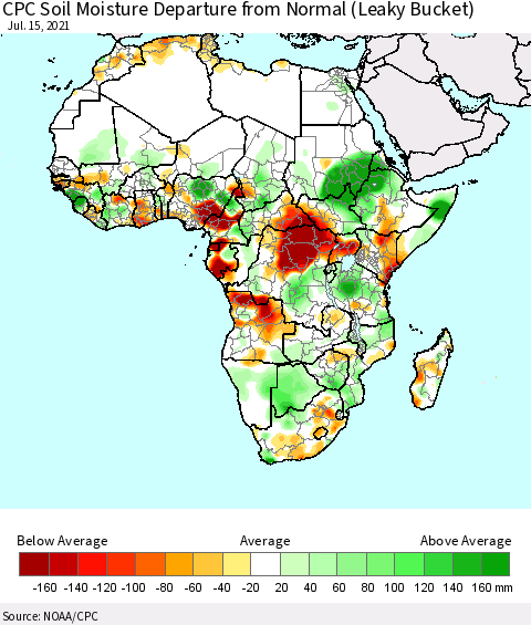 Africa CPC Calculated Soil Moisture Anomaly (Leaky Bucket) Thematic Map For 7/11/2021 - 7/15/2021