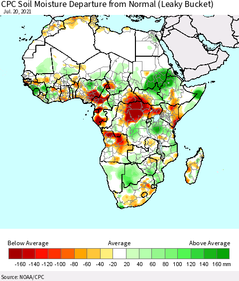 Africa CPC Soil Moisture Departure from Normal (Leaky Bucket) Thematic Map For 7/16/2021 - 7/20/2021