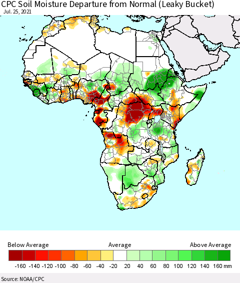 Africa CPC Calculated Soil Moisture Anomaly (Leaky Bucket) Thematic Map For 7/21/2021 - 7/25/2021