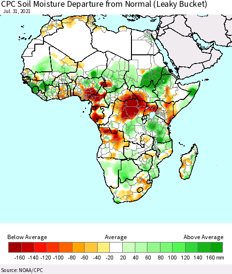 Africa CPC Calculated Soil Moisture Anomaly (Leaky Bucket) Thematic Map For 7/26/2021 - 7/31/2021