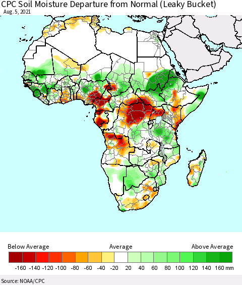 Africa CPC Calculated Soil Moisture Anomaly (Leaky Bucket) Thematic Map For 8/1/2021 - 8/5/2021