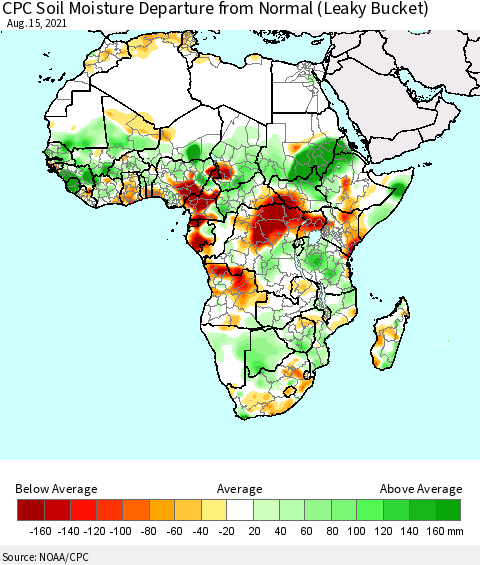 Africa CPC Soil Moisture Departure from Normal (Leaky Bucket) Thematic Map For 8/11/2021 - 8/15/2021