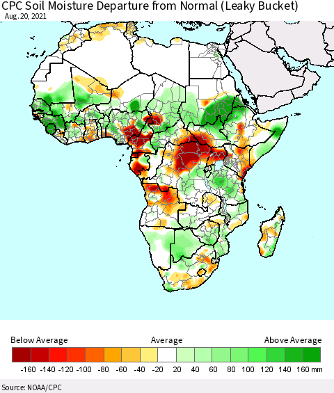 Africa CPC Soil Moisture Departure from Normal (Leaky Bucket) Thematic Map For 8/16/2021 - 8/20/2021