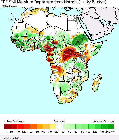 Africa CPC Calculated Soil Moisture Anomaly (Leaky Bucket) Thematic Map For 8/21/2021 - 8/25/2021