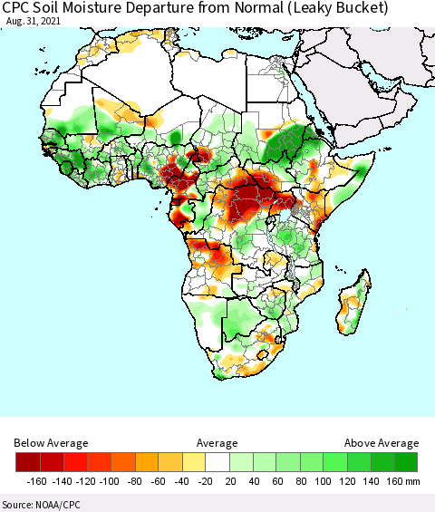 Africa CPC Calculated Soil Moisture Anomaly (Leaky Bucket) Thematic Map For 8/26/2021 - 8/31/2021