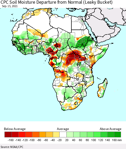 Africa CPC Soil Moisture Departure from Normal (Leaky Bucket) Thematic Map For 9/11/2021 - 9/15/2021