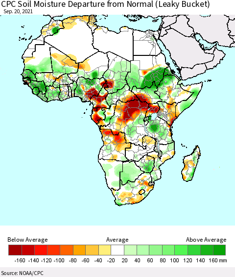 Africa CPC Soil Moisture Departure from Normal (Leaky Bucket) Thematic Map For 9/16/2021 - 9/20/2021