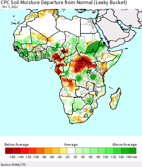 Africa CPC Calculated Soil Moisture Anomaly (Leaky Bucket) Thematic Map For 10/1/2021 - 10/5/2021