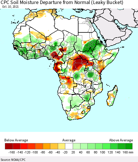 Africa CPC Soil Moisture Departure from Normal (Leaky Bucket) Thematic Map For 10/6/2021 - 10/10/2021