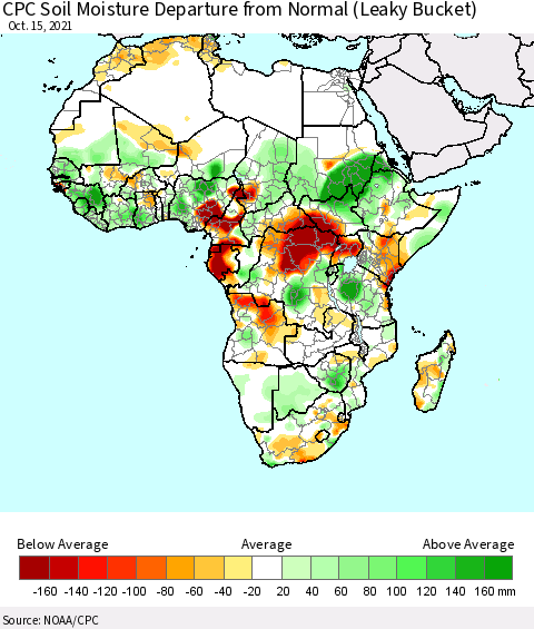 Africa CPC Calculated Soil Moisture Anomaly (Leaky Bucket) Thematic Map For 10/11/2021 - 10/15/2021