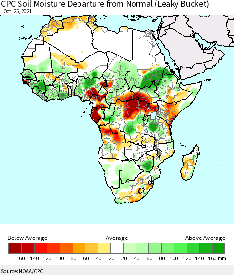 Africa CPC Soil Moisture Departure from Normal (Leaky Bucket) Thematic Map For 10/21/2021 - 10/25/2021