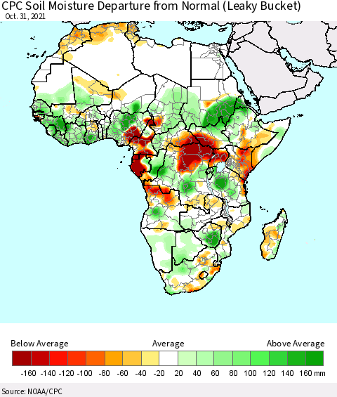 Africa CPC Soil Moisture Departure from Normal (Leaky Bucket) Thematic Map For 10/26/2021 - 10/31/2021