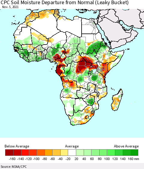 Africa CPC Calculated Soil Moisture Anomaly (Leaky Bucket) Thematic Map For 11/1/2021 - 11/5/2021