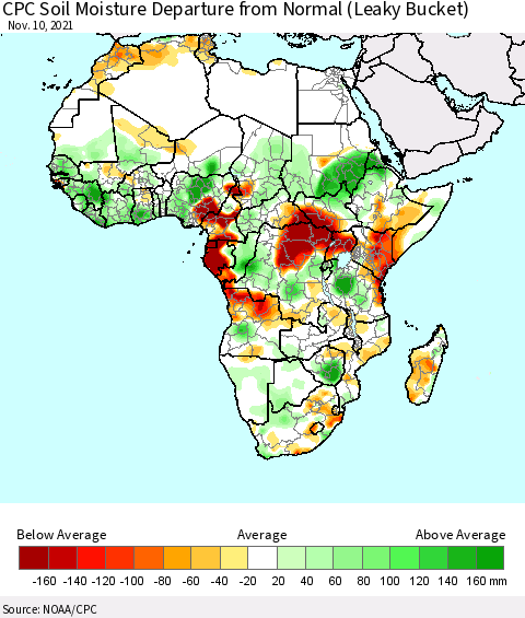 Africa CPC Soil Moisture Departure from Normal (Leaky Bucket) Thematic Map For 11/6/2021 - 11/10/2021