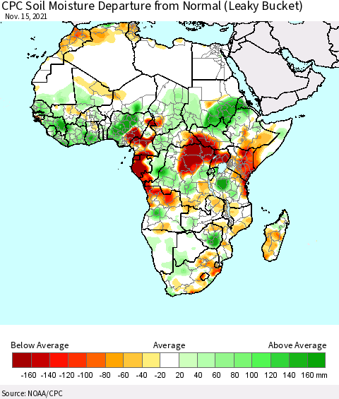 Africa CPC Calculated Soil Moisture Anomaly (Leaky Bucket) Thematic Map For 11/11/2021 - 11/15/2021