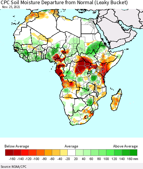 Africa CPC Calculated Soil Moisture Anomaly (Leaky Bucket) Thematic Map For 11/21/2021 - 11/25/2021