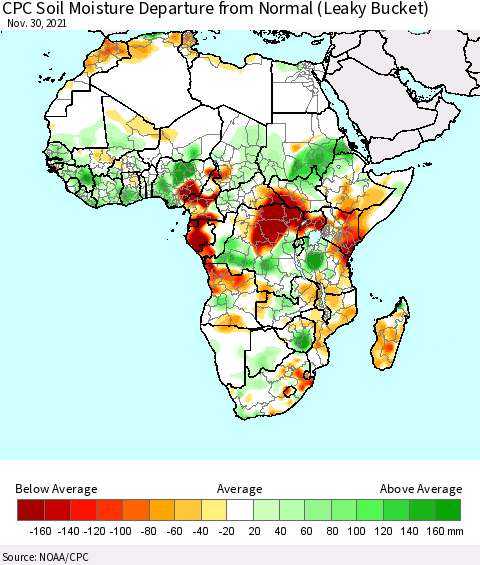 Africa CPC Soil Moisture Departure from Normal (Leaky Bucket) Thematic Map For 11/26/2021 - 11/30/2021