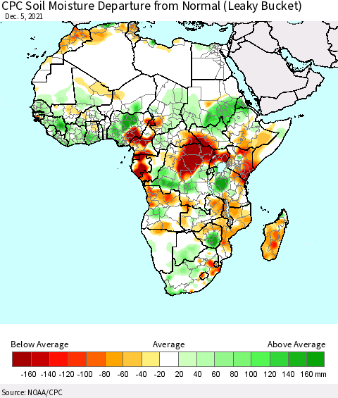 Africa CPC Calculated Soil Moisture Anomaly (Leaky Bucket) Thematic Map For 12/1/2021 - 12/5/2021