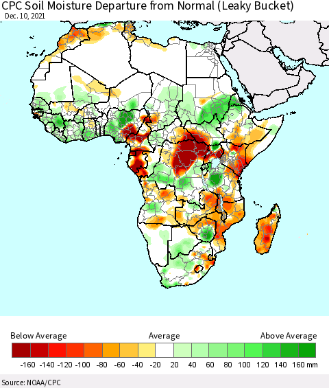 Africa CPC Soil Moisture Departure from Normal (Leaky Bucket) Thematic Map For 12/6/2021 - 12/10/2021