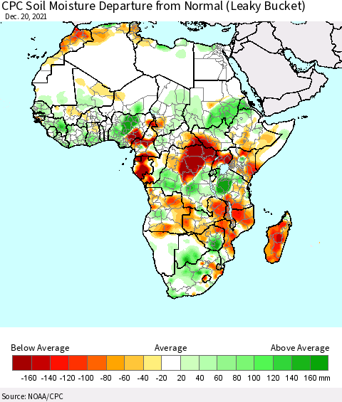Africa CPC Calculated Soil Moisture Anomaly (Leaky Bucket) Thematic Map For 12/16/2021 - 12/20/2021