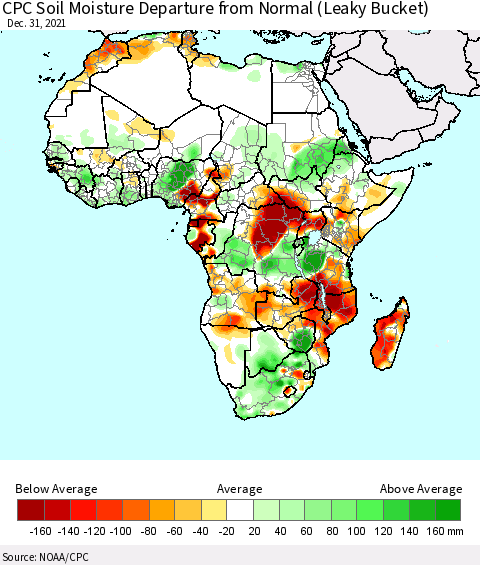 Africa CPC Calculated Soil Moisture Anomaly (Leaky Bucket) Thematic Map For 12/26/2021 - 12/31/2021