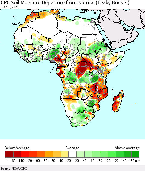 Africa CPC Calculated Soil Moisture Anomaly (Leaky Bucket) Thematic Map For 1/1/2022 - 1/5/2022