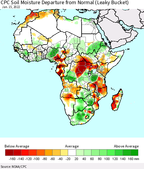 Africa CPC Calculated Soil Moisture Anomaly (Leaky Bucket) Thematic Map For 1/11/2022 - 1/15/2022