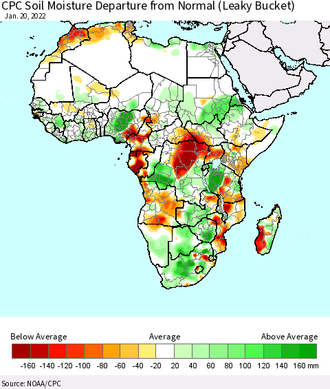Africa CPC Calculated Soil Moisture Anomaly (Leaky Bucket) Thematic Map For 1/16/2022 - 1/20/2022