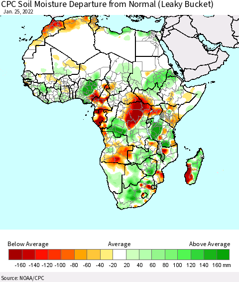 Africa CPC Calculated Soil Moisture Anomaly (Leaky Bucket) Thematic Map For 1/21/2022 - 1/25/2022