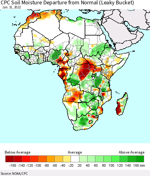 Africa CPC Soil Moisture Departure from Normal (Leaky Bucket) Thematic Map For 1/26/2022 - 1/31/2022