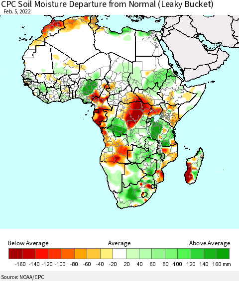 Africa CPC Calculated Soil Moisture Anomaly (Leaky Bucket) Thematic Map For 2/1/2022 - 2/5/2022