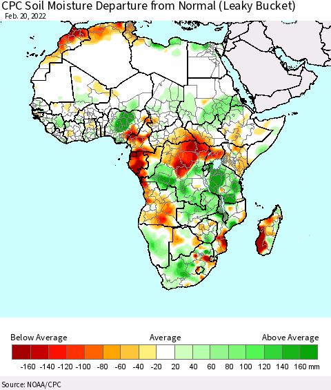 Africa CPC Calculated Soil Moisture Anomaly (Leaky Bucket) Thematic Map For 2/16/2022 - 2/20/2022
