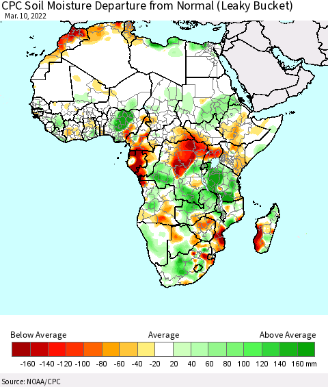 Africa CPC Calculated Soil Moisture Anomaly (Leaky Bucket) Thematic Map For 3/6/2022 - 3/10/2022