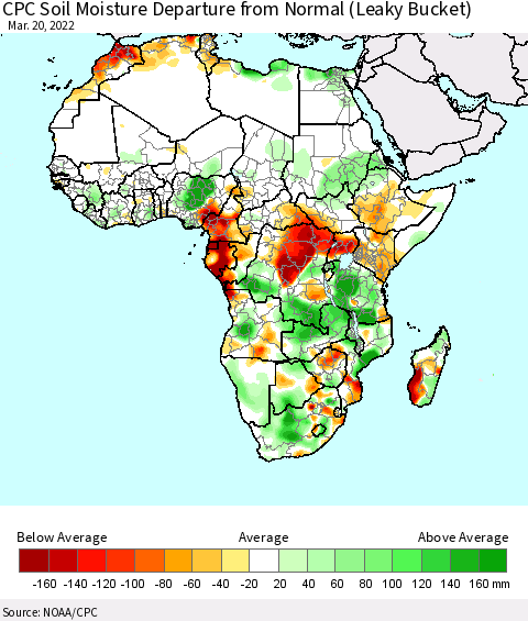 Africa CPC Soil Moisture Departure from Normal (Leaky Bucket) Thematic Map For 3/16/2022 - 3/20/2022