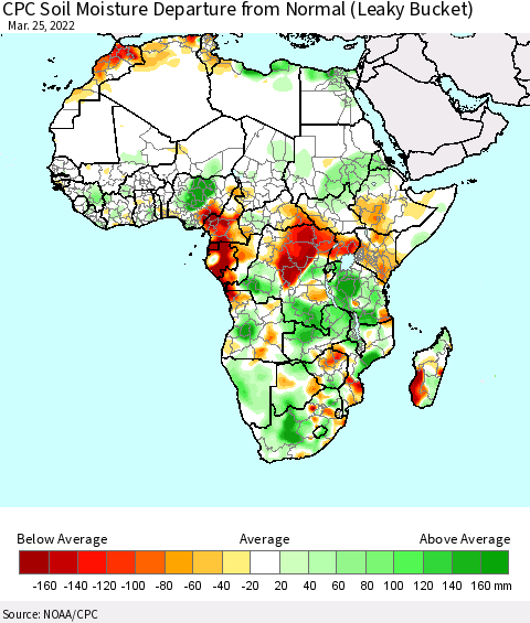 Africa CPC Calculated Soil Moisture Anomaly (Leaky Bucket) Thematic Map For 3/21/2022 - 3/25/2022