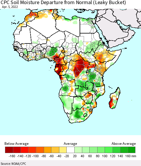 Africa CPC Calculated Soil Moisture Anomaly (Leaky Bucket) Thematic Map For 4/1/2022 - 4/5/2022