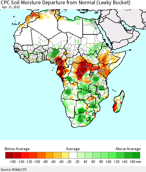 Africa CPC Calculated Soil Moisture Anomaly (Leaky Bucket) Thematic Map For 4/11/2022 - 4/15/2022