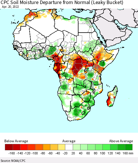 Africa CPC Calculated Soil Moisture Anomaly (Leaky Bucket) Thematic Map For 4/16/2022 - 4/20/2022