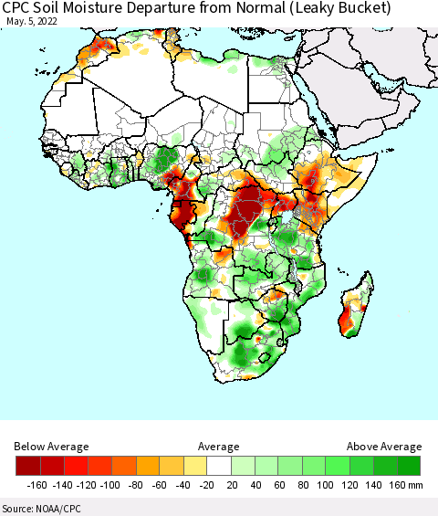 Africa CPC Calculated Soil Moisture Anomaly (Leaky Bucket) Thematic Map For 5/1/2022 - 5/5/2022