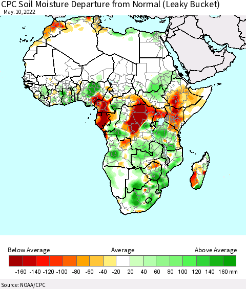 Africa CPC Calculated Soil Moisture Anomaly (Leaky Bucket) Thematic Map For 5/6/2022 - 5/10/2022