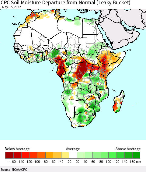 Africa CPC Calculated Soil Moisture Anomaly (Leaky Bucket) Thematic Map For 5/11/2022 - 5/15/2022