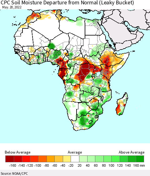 Africa CPC Calculated Soil Moisture Anomaly (Leaky Bucket) Thematic Map For 5/16/2022 - 5/20/2022