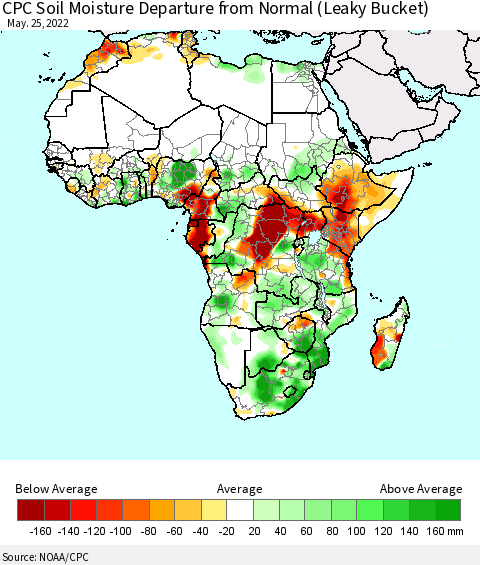 Africa CPC Calculated Soil Moisture Anomaly (Leaky Bucket) Thematic Map For 5/21/2022 - 5/25/2022