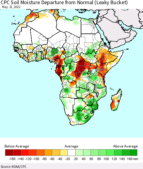 Africa CPC Calculated Soil Moisture Anomaly (Leaky Bucket) Thematic Map For 5/26/2022 - 5/31/2022