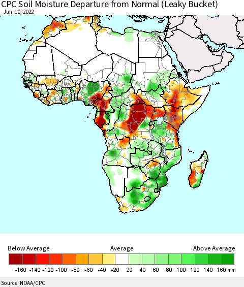 Africa CPC Calculated Soil Moisture Anomaly (Leaky Bucket) Thematic Map For 6/6/2022 - 6/10/2022